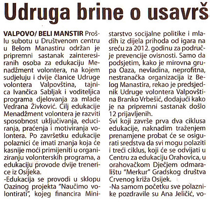 Članak o Menadžmentu volontera u Lokalnom tjedniku Valpov&scaron;tina