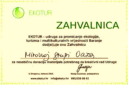 Zahvalnica Mirovnoj grupi Oaza kao donatoru udruge 'Ekotur'